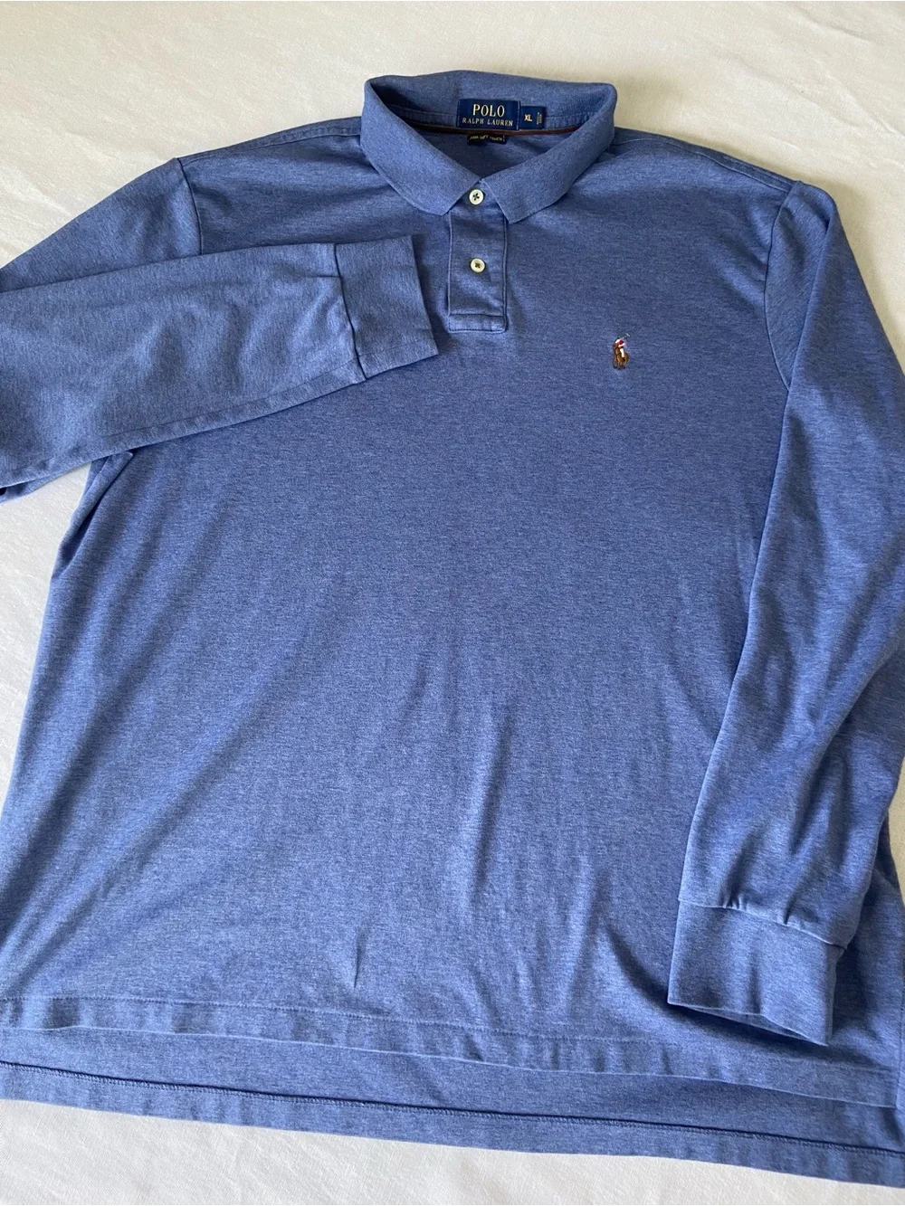 Ralph Lauren Men’s Heathered Blue Long-Sleeved Polo Shirt with Embroidered Pony
